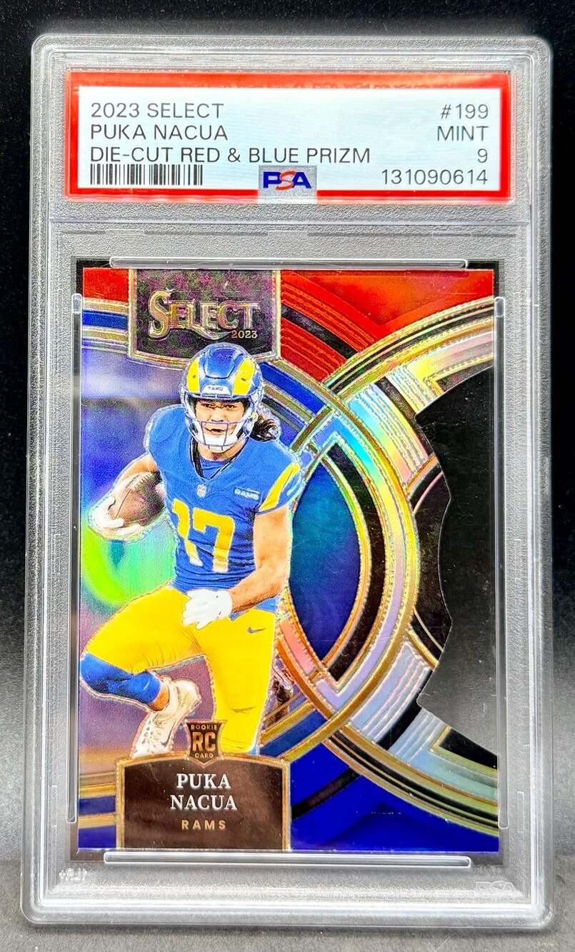 Puka Nacua 2023 Rookie Card PSA 9 Panini Select Premier Die-Cut Red & Blue Prizm